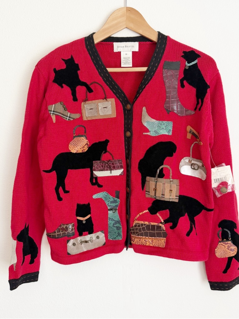 Nwt Vintage Susan Bristol Sweater Cardigan Womens Red Appliqu Dog Purse Shoe